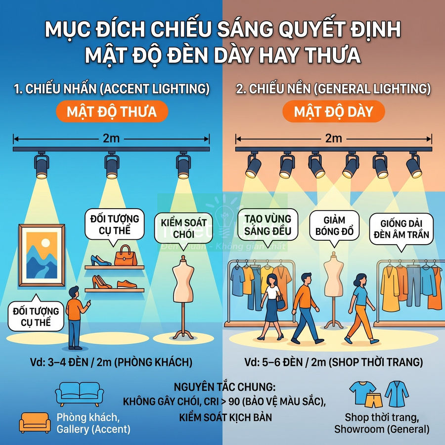 Infographic hướng dẫn bố trí đèn rọi ray chiếu nhấn và chiếu nền cho phòng khách, shop thời trang