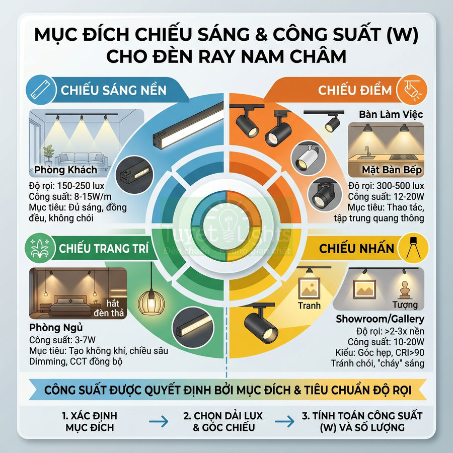 Infographic hướng dẫn chọn công suất và mục đích chiếu sáng cho đèn ray nam châm trong nhà