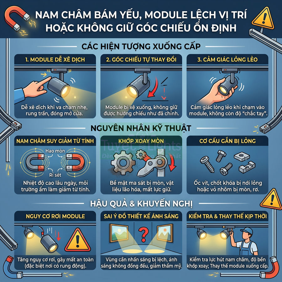 Infographic hướng dẫn xử lý nam châm và module đèn rọi ray bị lệch, lỏng, không giữ được góc chiếu ổn định