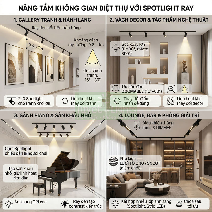 Thiết kế nội thất biệt thự với hệ thống đèn spotlight ray chiếu tranh, sân khấu piano và khu lounge sang trọng
