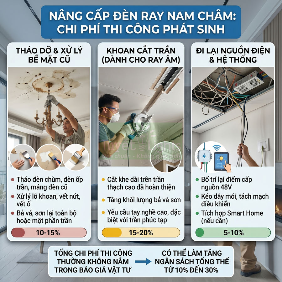 Nâng cấp đèn ray nam châm, thi công tháo đèn cũ, khoan cắt trần và đi lại nguồn điện hệ thống chiếu sáng
