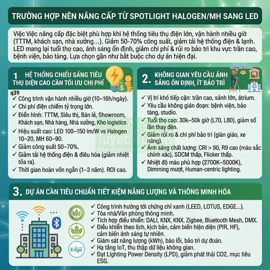 Infographic hướng dẫn nâng cấp hệ thống chiếu sáng spotlight halogen sang đèn LED tiết kiệm điện