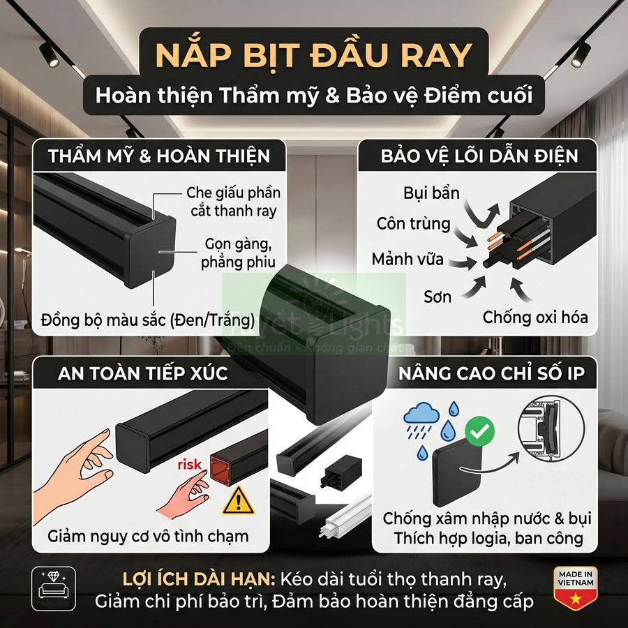 Nắp bịt đầu ray đèn chiếu sáng màu đen, che đầu thanh ray, bảo vệ lõi dẫn điện và tăng thẩm mỹ trần nhà