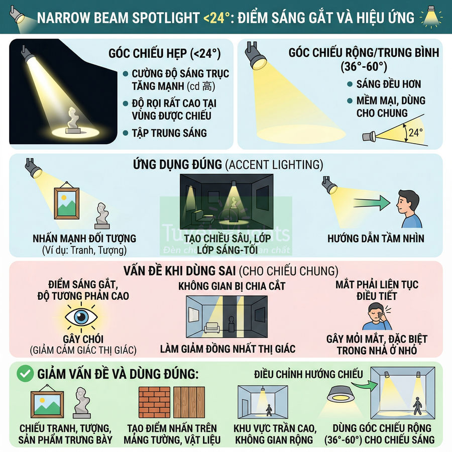 Đèn spotlight góc chiếu hẹp dưới 24 độ tạo điểm sáng nhấn mạnh tranh tượng và hướng dẫn tầm nhìn trong phòng