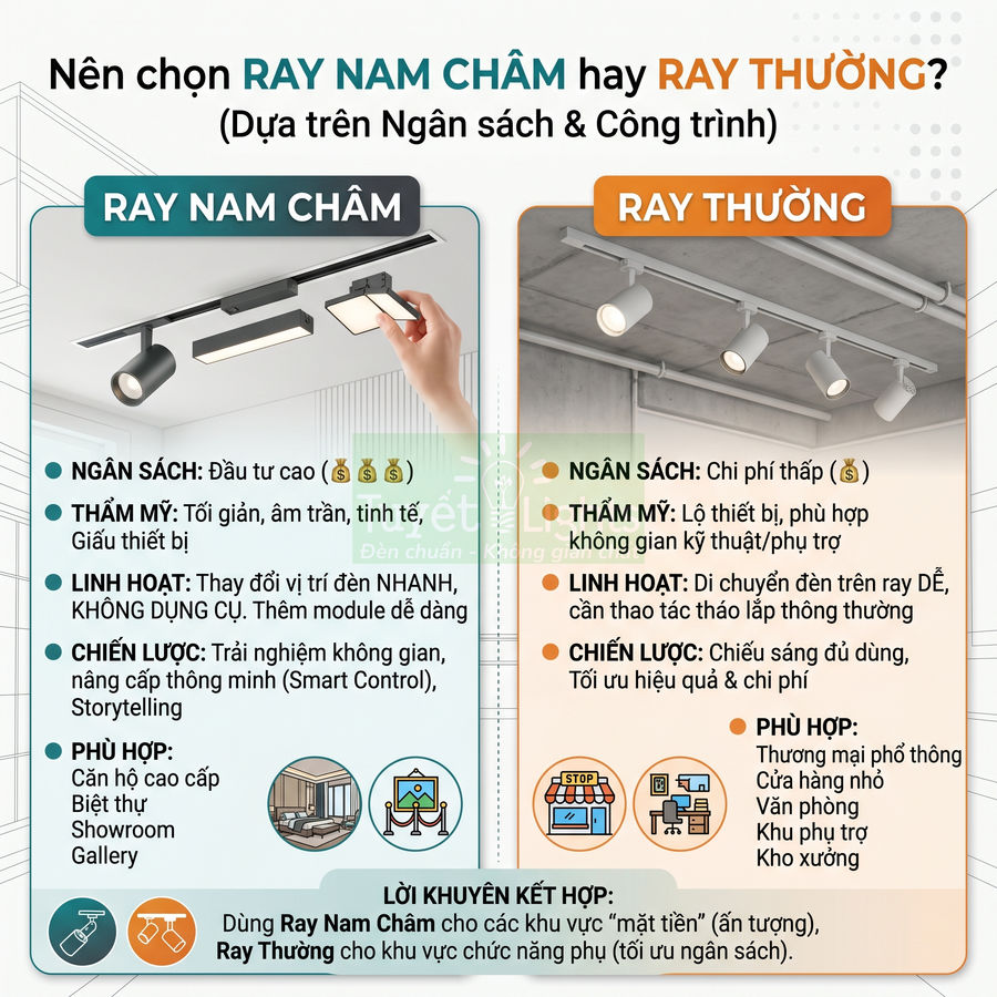So sánh ray nam châm và ray thường cho hệ thống đèn rọi trần, minh họa ưu nhược điểm và gợi ý ứng dụng