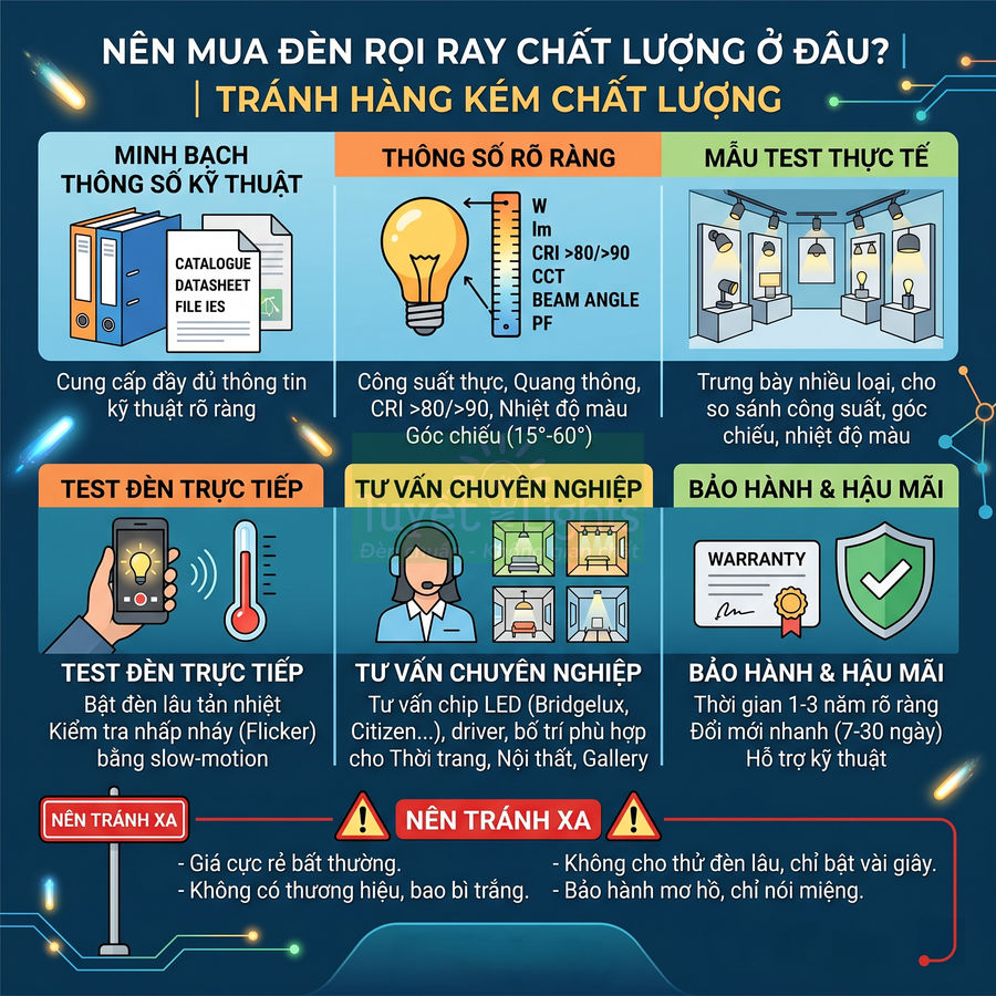 Infographic hướng dẫn chọn mua đèn rọi ray LED chất lượng, nêu tiêu chí kỹ thuật, test đèn, tư vấn và bảo hành
