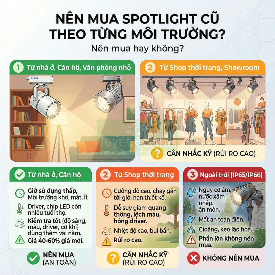 Đèn spotlight Philips cũ dùng cho nhà ở, căn hộ, văn phòng nhỏ và shop thời trang, so sánh ưu nhược điểm từng môi trường