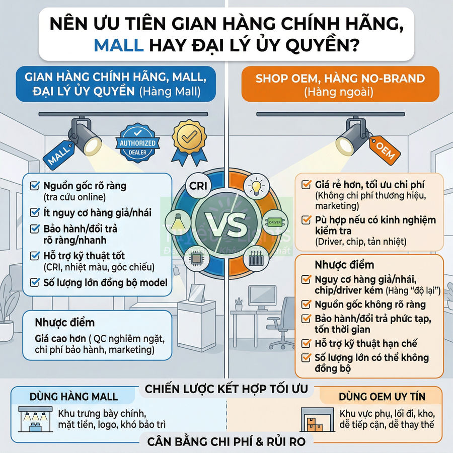 Infographic so sánh ưu nhược điểm gian hàng chính hãng Mall và shop OEM no brand khi mua thiết bị chiếu sáng