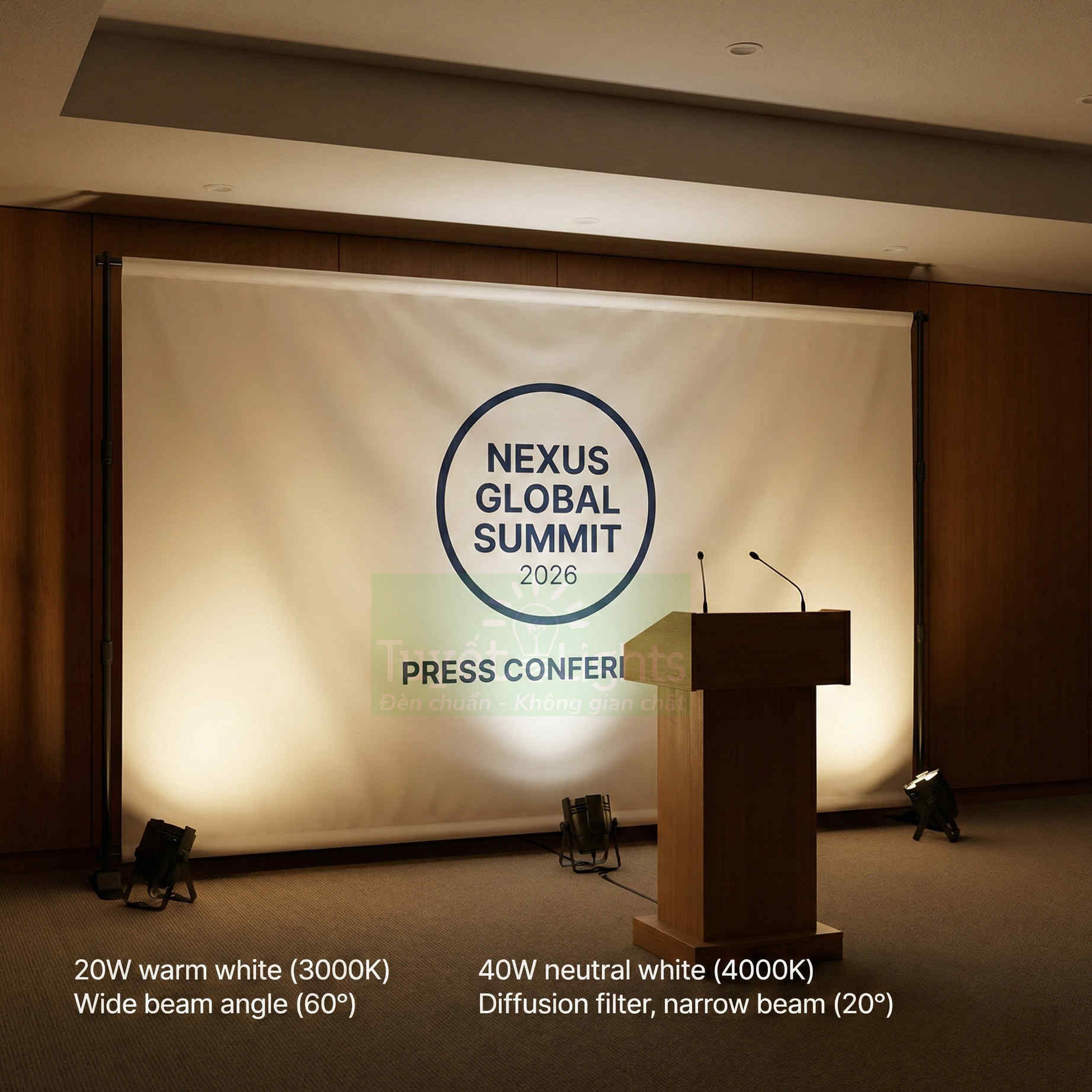 Đèn sân khấu LED chiếu sáng phông nền hội nghị Nexus Global Summit 2026 và bục phát biểu gỗ
