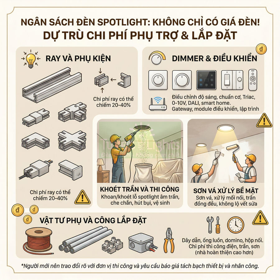 Infographic chi phí phụ trợ và lắp đặt đèn spotlight gồm ray, dimmer, khoét trần, sơn và vật tư điện
