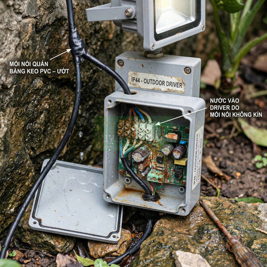 Hộp driver đèn ngoài trời IP44 bị nước vào, mạch điện tử ẩm ướt và rỉ sét do mối nối dây không kín