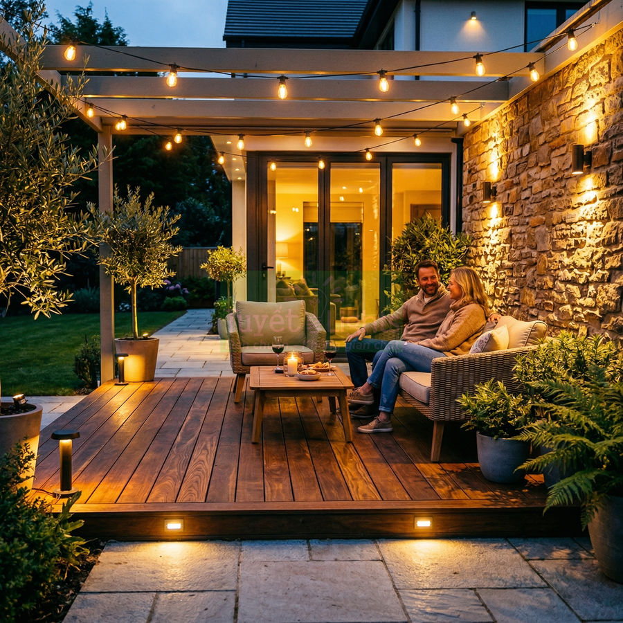 Bộ bàn ghế sân vườn ngoài trời trên sàn gỗ với đèn trang trí ấm áp trước hiên nhà hiện đại