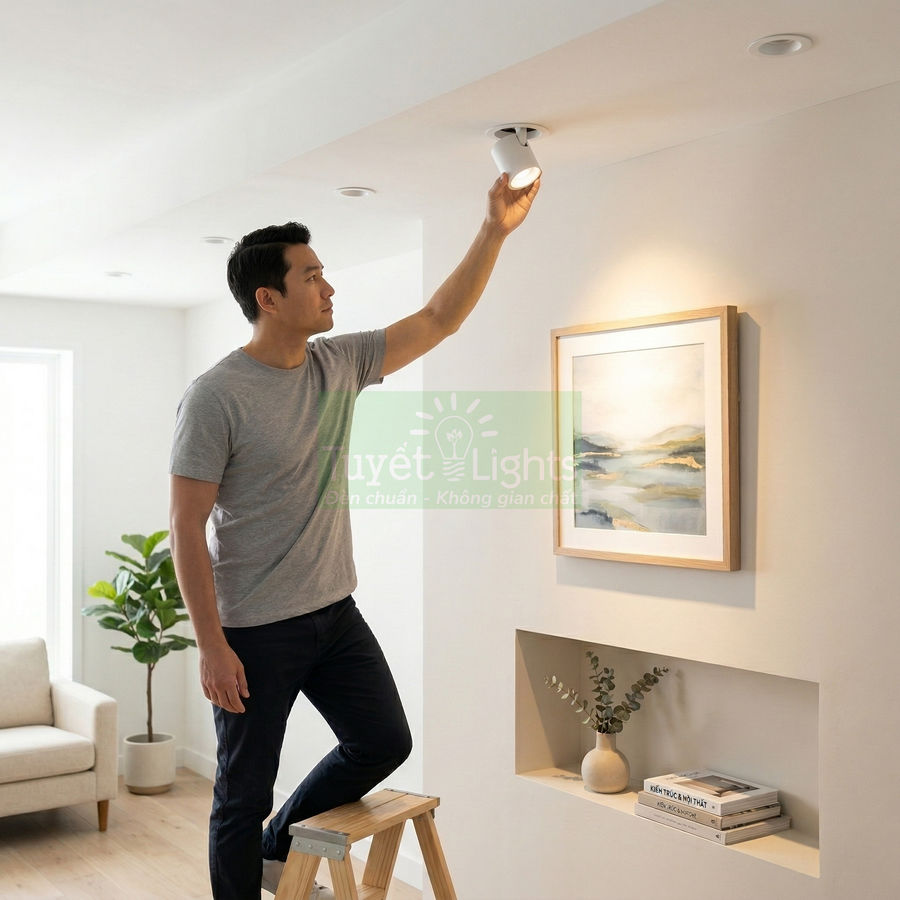 Người đàn ông lắp đặt đèn rọi âm trần chiếu tranh trong phòng khách hiện đại