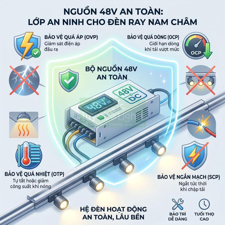 Bộ nguồn 48V DC an toàn cho hệ đèn ray nam châm, bảo vệ quá áp, quá dòng, quá nhiệt và ngắn mạch