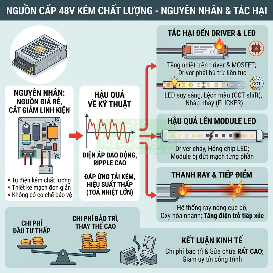 Infographic nguyên nhân và tác hại của nguồn cấp 48V kém chất lượng đối với driver, module và thanh ray LED