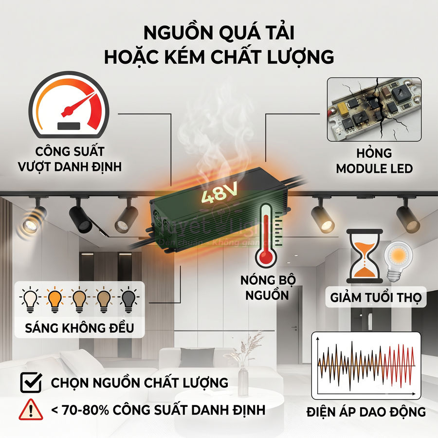 Nguồn điện 48V cho đèn ray bị quá tải nóng lên gây hỏng module LED, ánh sáng không đều và giảm tuổi thọ hệ thống chiếu sáng