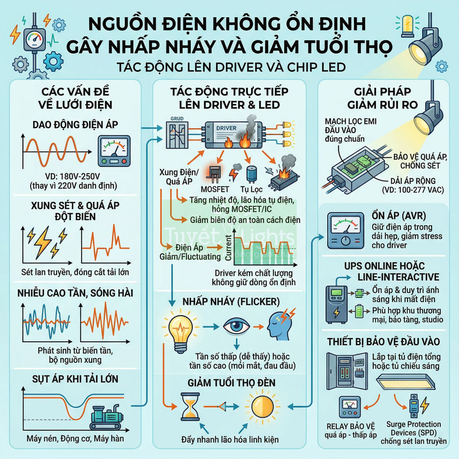 Infographic về tác hại nguồn điện không ổn định lên driver, chip LED và giải pháp bảo vệ đèn LED