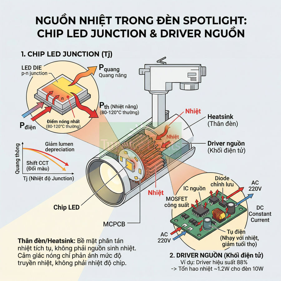 Sơ đồ cấu tạo đèn spotlight LED với chip LED junction, thân đèn tản nhiệt và driver nguồn điện tử