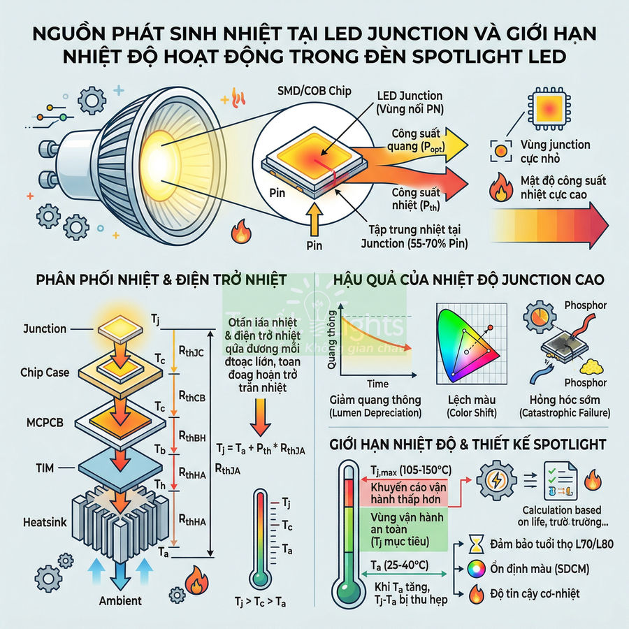 Sơ đồ cấu tạo và phân tích tỏa nhiệt của chip LED trong đèn spotlight, giới hạn nhiệt độ junction và tản nhiệt
