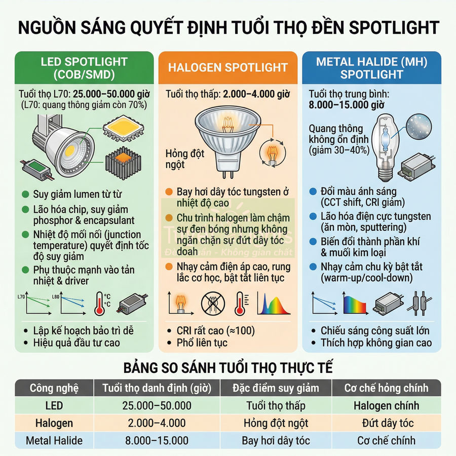 So sánh tuổi thọ và đặc điểm suy giảm của đèn spotlight LED, halogen và metal halide trong chiếu sáng