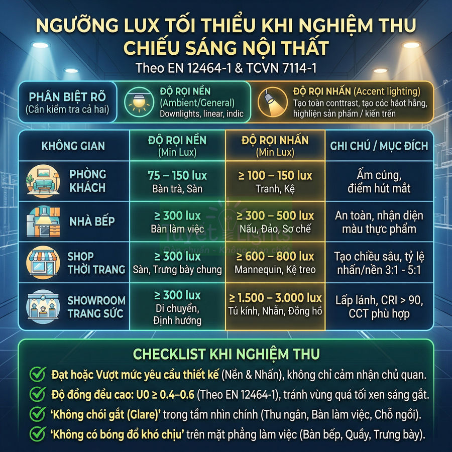Bảng hướng dẫn ngưỡng lux tối thiểu cho chiếu sáng nội thất và checklist khi nghiệm thu hệ thống đèn