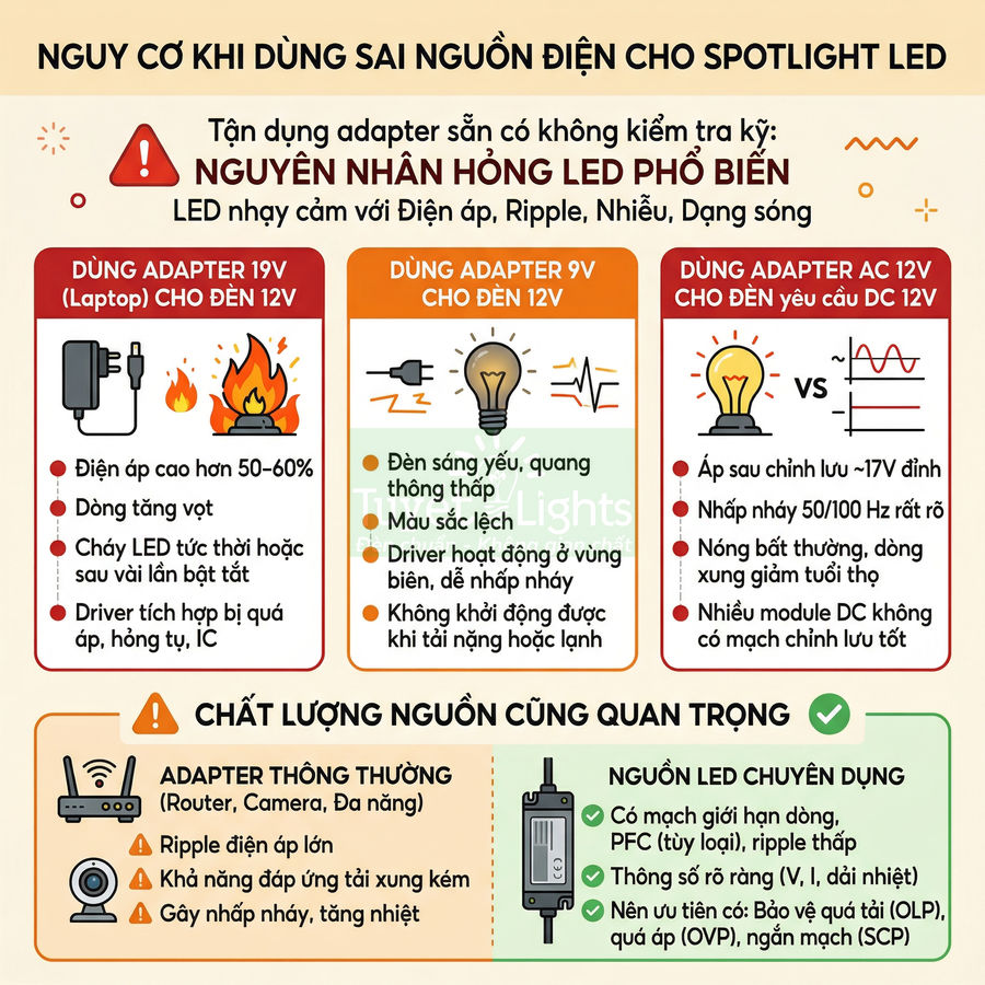Infographic cảnh báo nguy cơ dùng sai adapter nguồn cho đèn spotlight LED và khuyến nghị dùng nguồn LED chuyên dụng