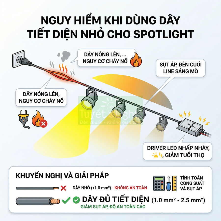 Minh họa nguy hiểm khi dùng dây điện tiết diện nhỏ cho đèn spotlight và khuyến nghị chọn dây đủ tiết diện an toàn