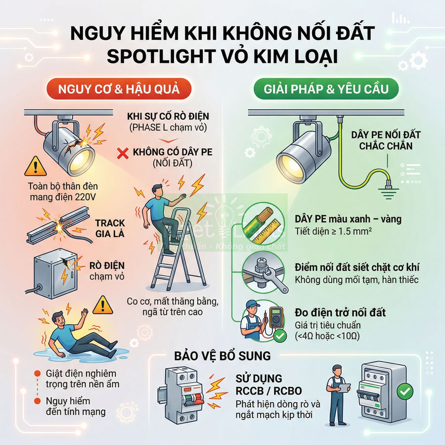 Infographic hướng dẫn nối đất đèn spotlight vỏ kim loại và cảnh báo nguy hiểm khi rò điện không nối đất