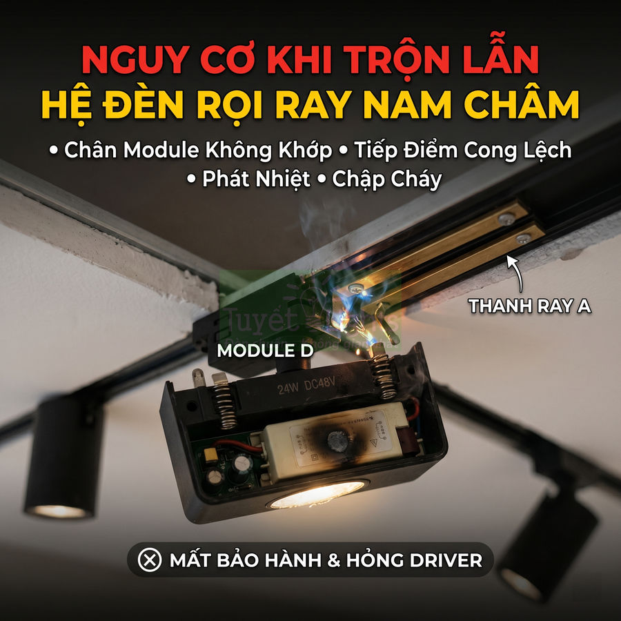 Đèn rọi ray nam châm bị cháy nổ do lắp sai module và thanh ray, cảnh báo nguy cơ mất bảo hành