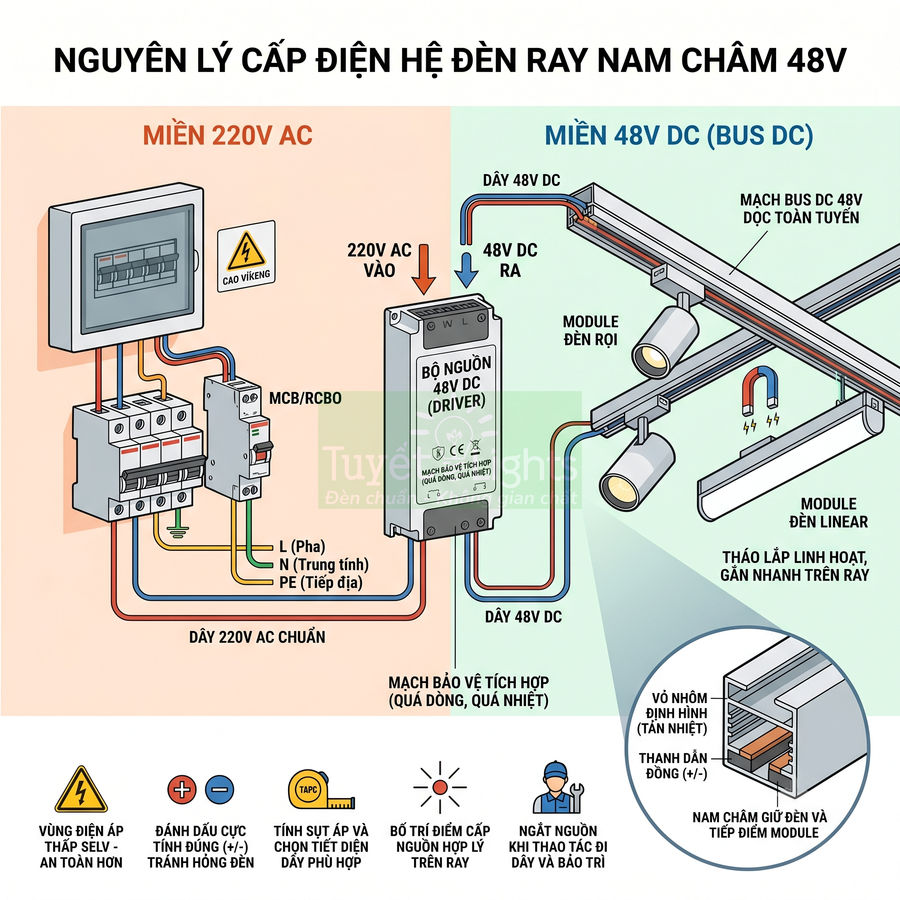 Sơ đồ nguyên lý cấp điện hệ đèn ray nam châm 48V từ nguồn 220V AC sang bus DC và các module đèn ray