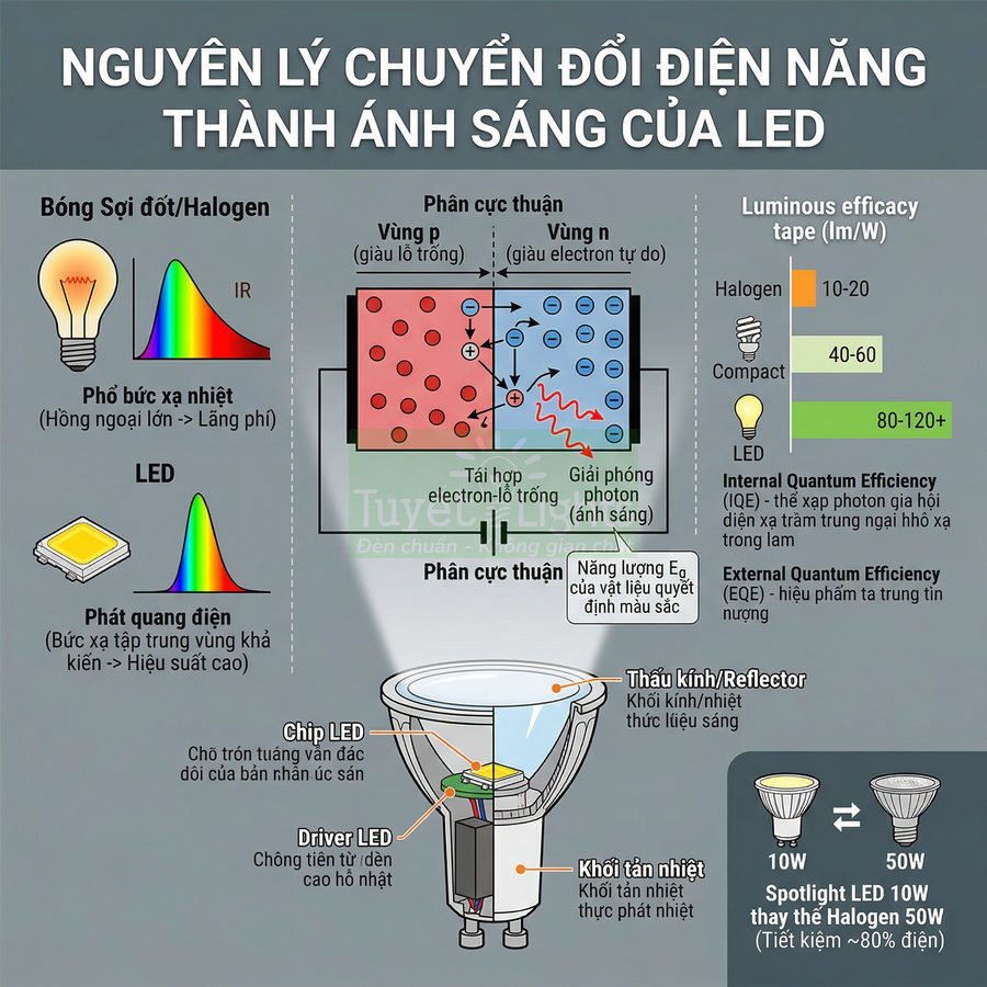 Sơ đồ nguyên lý hoạt động và cấu tạo đèn LED so sánh hiệu suất với bóng sợi đốt và halogen
