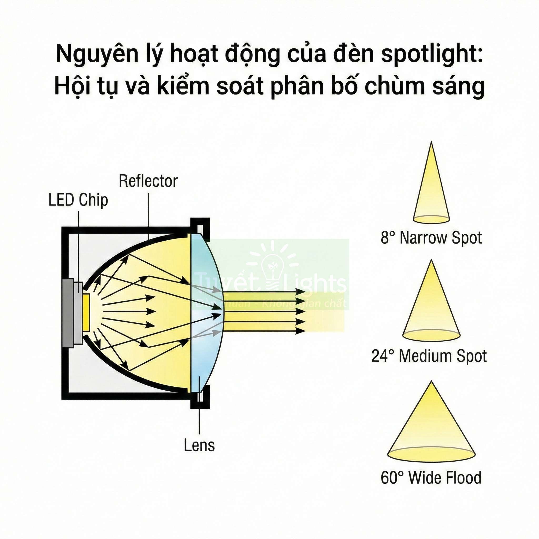 Sơ đồ nguyên lý hoạt động đèn LED spotlight với chip LED, chóa phản xạ, thấu kính và các góc chiếu sáng 8 24 60 độ