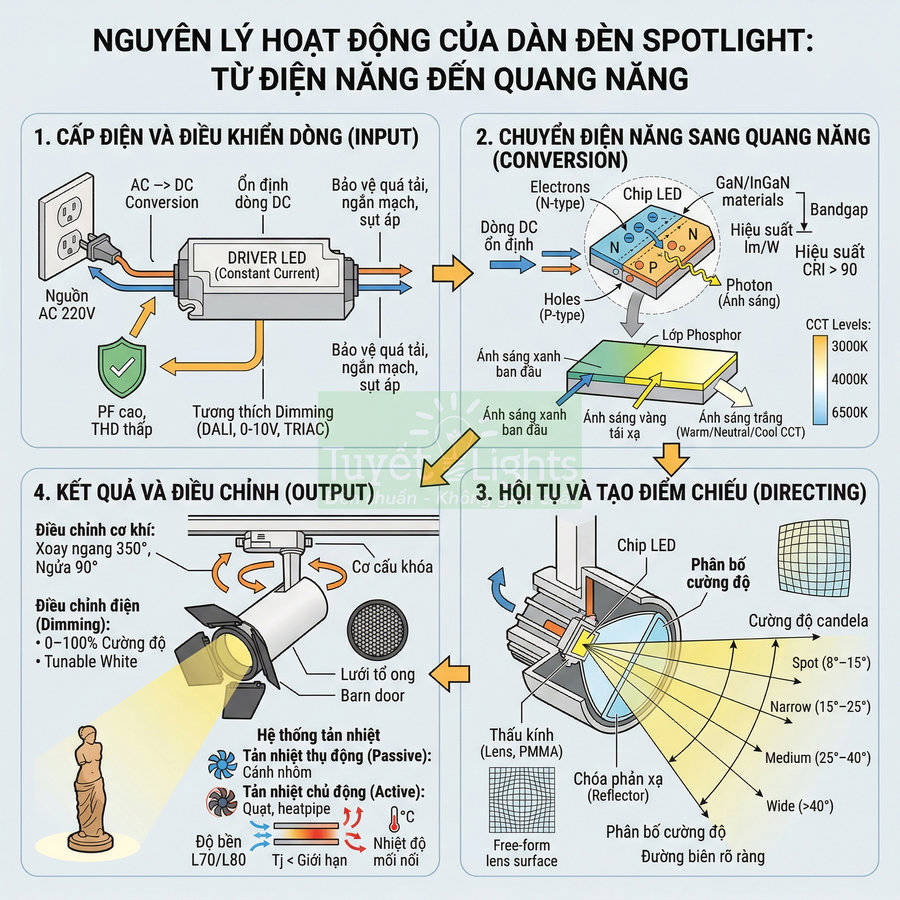 Sơ đồ nguyên lý hoạt động của đèn LED spotlight từ nguồn điện AC đến ánh sáng chiếu tập trung