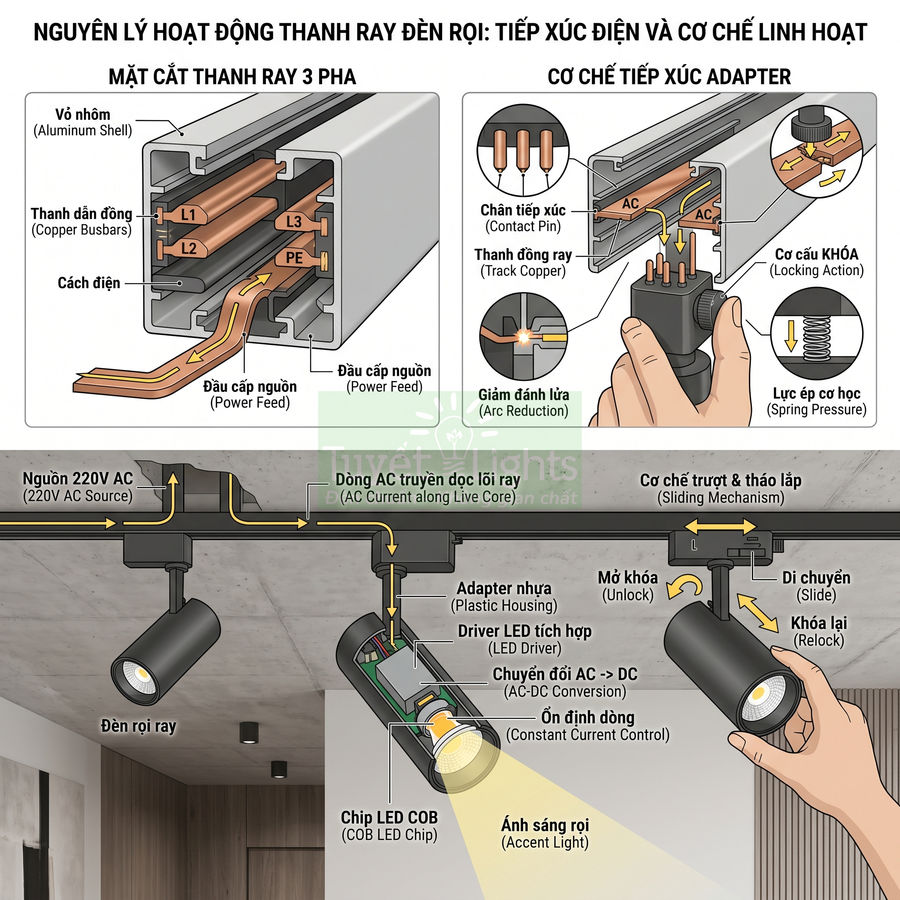 Cấu tạo và nguyên lý hoạt động của hệ thống đèn rọi ray LED COB gắn trần nhà hiện đại