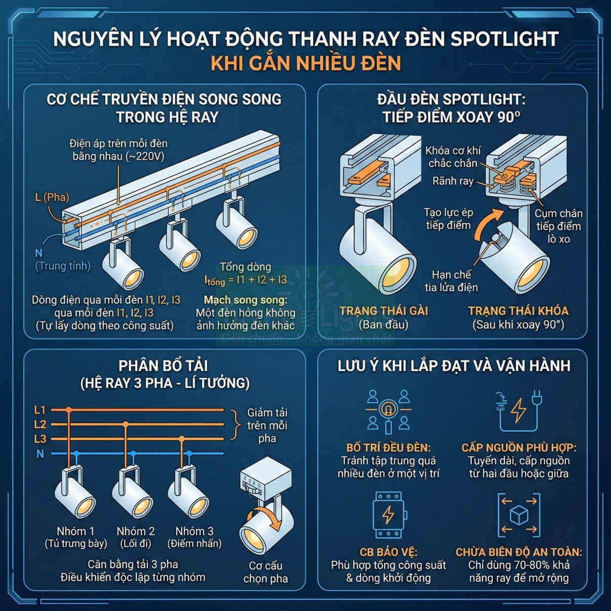 Sơ đồ nguyên lý hoạt động và lắp đặt thanh ray đèn spotlight nhiều đèn trong hệ thống chiếu sáng