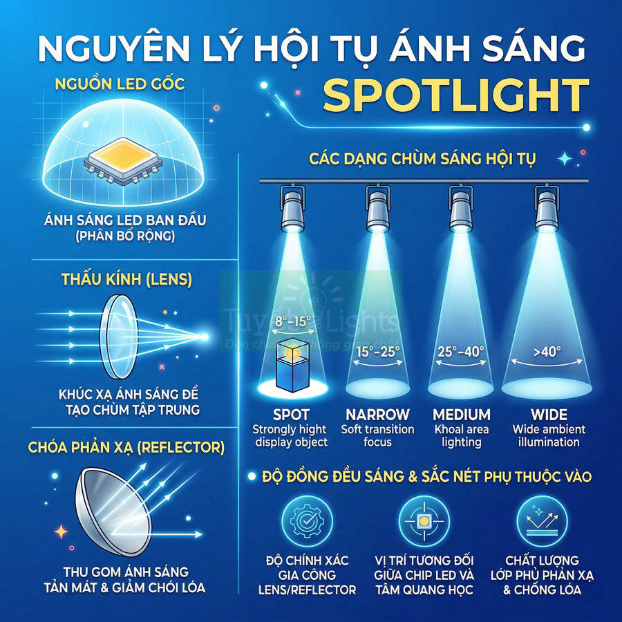Nguyên lý hội tụ ánh sáng đèn LED spotlight, các loại chùm sáng và cấu tạo thấu kính, chóa phản xạ