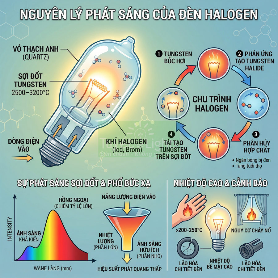 Sơ đồ nguyên lý phát sáng và cấu tạo bóng đèn halogen với sợi đốt tungsten và khí halogen