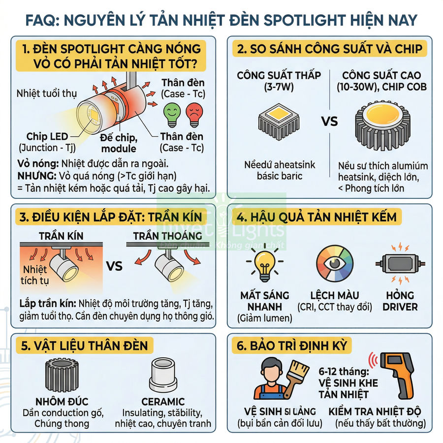 Infographic nguyên lý tản nhiệt đèn spotlight, so sánh công suất chip, điều kiện lắp đặt, vật liệu thân đèn và bảo trì định kỳ