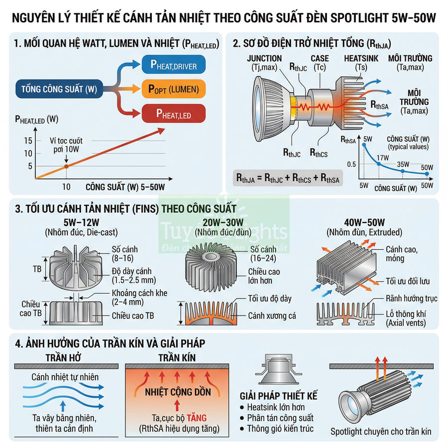 Nguyên lý thiết kế cánh tản nhiệt cho đèn LED spotlight 5W đến 50W và các giải pháp tản nhiệt