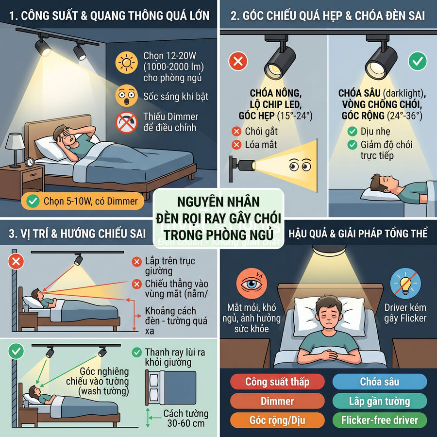 Infographic nguyên nhân đèn rọi ray gây chói trong phòng ngủ và cách chọn công suất, góc chiếu, vị trí lắp đặt phù hợp