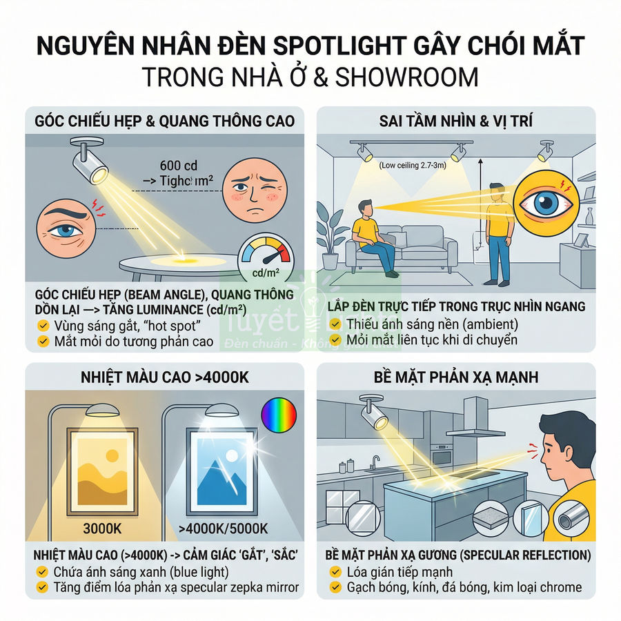 Infographic nguyên nhân đèn spotlight gây chói mắt trong nhà ở và showroom, minh họa góc chiếu, nhiệt màu và bề mặt phản xạ