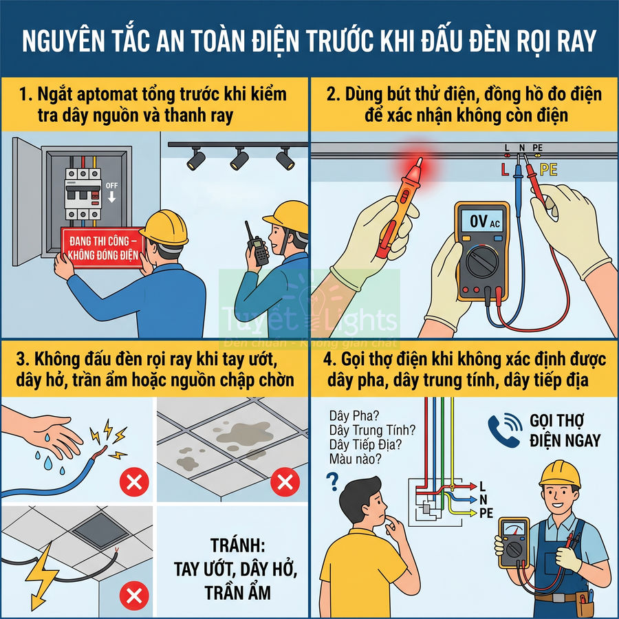 Hướng dẫn an toàn điện khi lắp đèn rọi ray, kiểm tra aptomat, dùng bút thử điện và gọi thợ điện khi cần