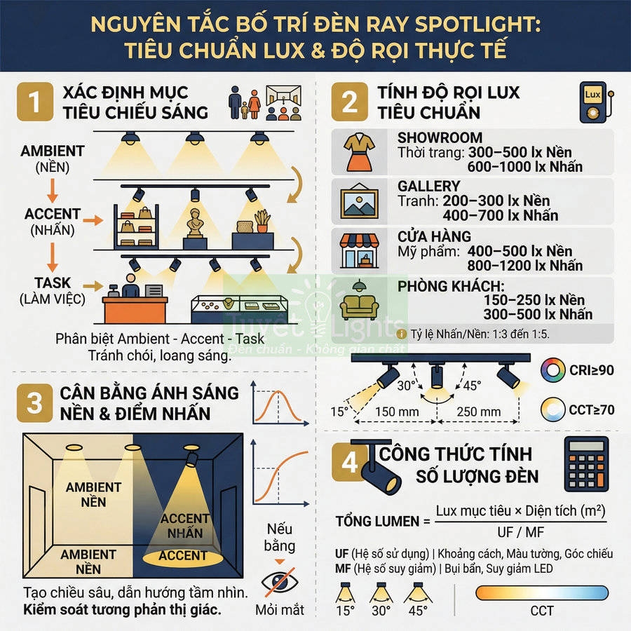Infographic hướng dẫn bố trí đèn ray spotlight chuẩn lux và độ rọi cho showroom, cửa hàng, phòng khách