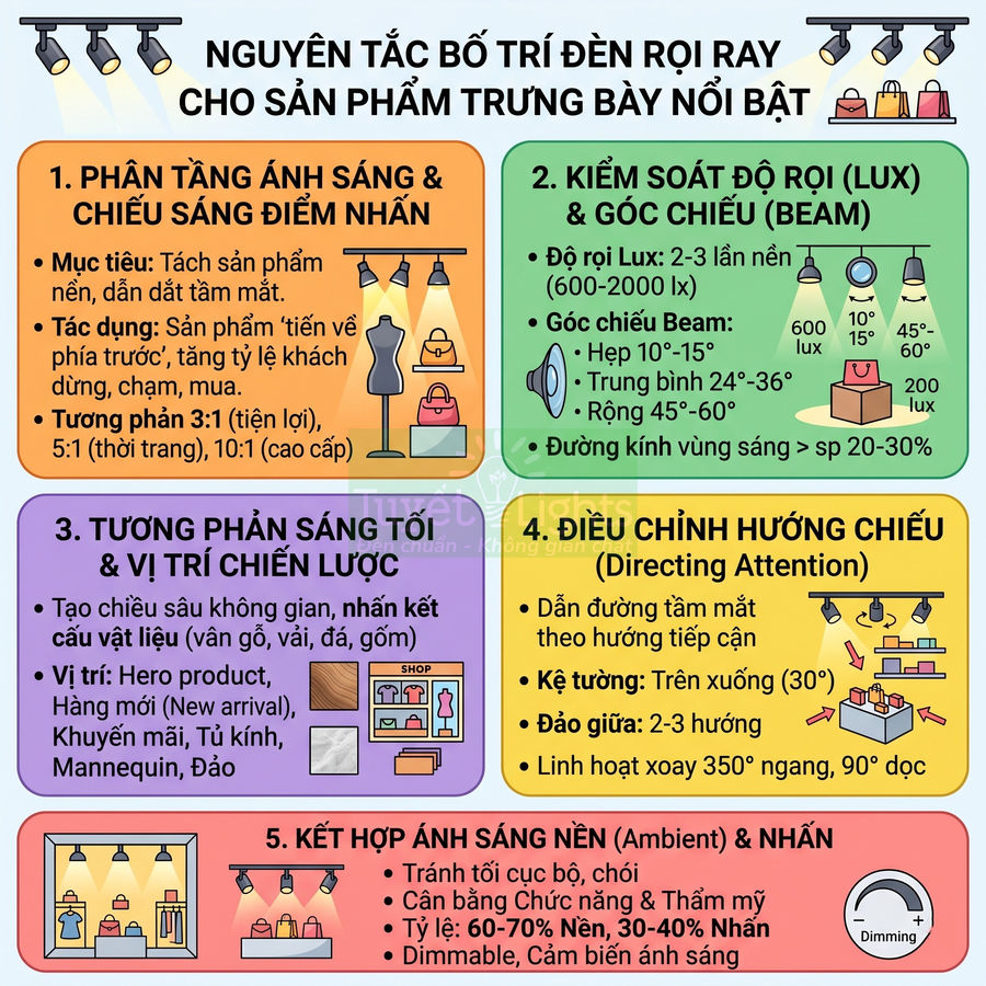 Nguyên tắc bố trí đèn rọi ray chiếu sáng sản phẩm trưng bày trong cửa hàng nổi bật và thu hút