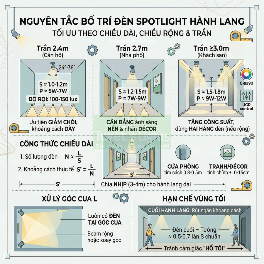 Infographic nguyên tắc bố trí đèn spotlight hành lang theo chiều dài, chiều rộng và độ cao trần nhà