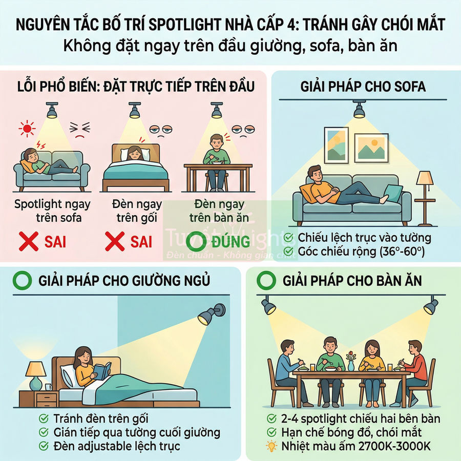 Hướng dẫn bố trí đèn spotlight trong phòng khách, phòng ngủ và bàn ăn để tránh chói mắt và tạo ánh sáng dễ chịu