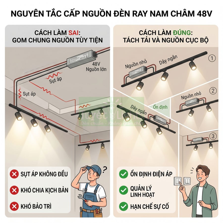 Hướng dẫn lắp đặt nguồn đèn ray nam châm 48V đúng cách để ổn định điện áp và dễ quản lý