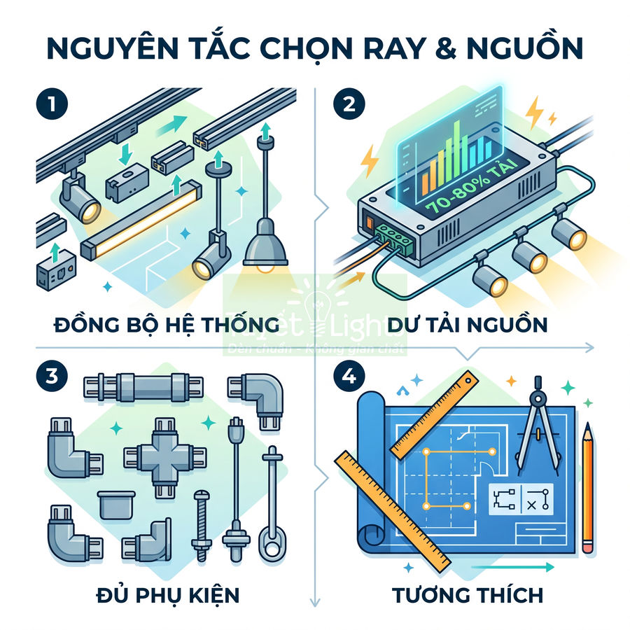 Cách chọn ray, nguồn và phụ kiện cho đèn rọi ray nam châm