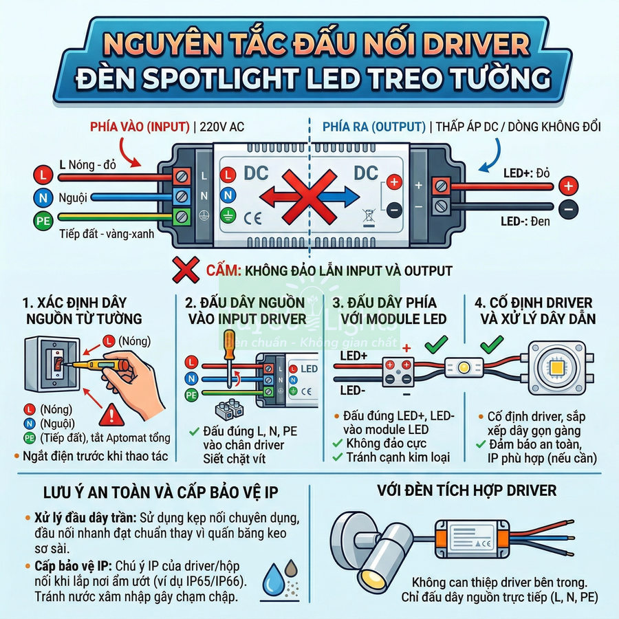Hướng dẫn đấu nối driver cho đèn spotlight LED treo tường với sơ đồ dây điện và lưu ý an toàn
