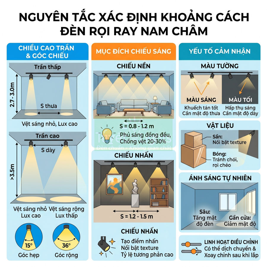 Nguyên tắc xác định khoảng cách lắp đặt đèn rọi ray nam châm theo chiều cao trần và mục đích chiếu sáng